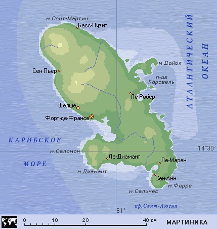 Где находится мартиника. Вулкан Мон Пеле на карте. Остров Мартиника на физической карте.