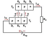 Тиристор (схематическое изображение в виде двух транзисторов)